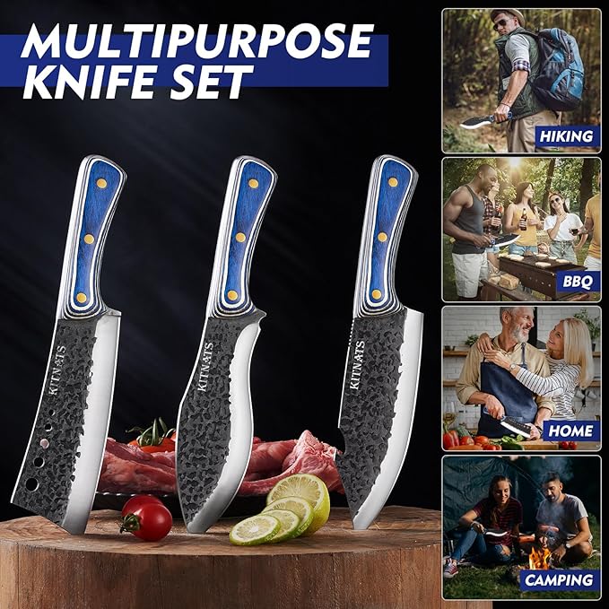 KITNATS 3Pcs Kitchen Knife Set, Hand Forged Butcher Knives Set - Chef Knives & Butcher Knife &Tactical Chopper, Meat Cutting Cleaver for Home Camping BBQ Ideal Gifts