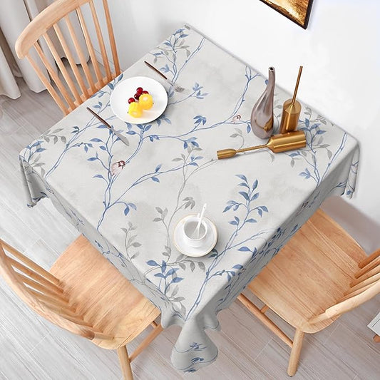 Blue Gray Floral Square Tablecloths 60x60 Inch Plants Birds Decoration Table Cloth for Seasonal Decors Watercolor Oil Proof Spill Proof Wipeable Table Cloths for Indoor Outdoor Use