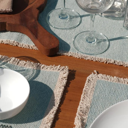 Hausattire Cotton Frayed Placemats Set of 6 Dining Table 14x14 Inch | Rustic Vintage Boho Washable Easter Placemat for Outdoor Parties BBQ's Wedding, Holiday, Special Occasions, Nubby Cotton - Blue