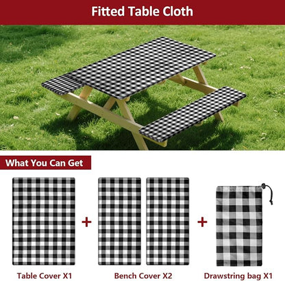 8ft 96" Picnic Table and Bench Cover, 3 Pack, Black-White Checkered | Drawstring Bag, Waterproof Windproof, Elastic Fitted Edges Tablecloth, for Rectangle Table & Seat, Camping Essentials RV Gear
