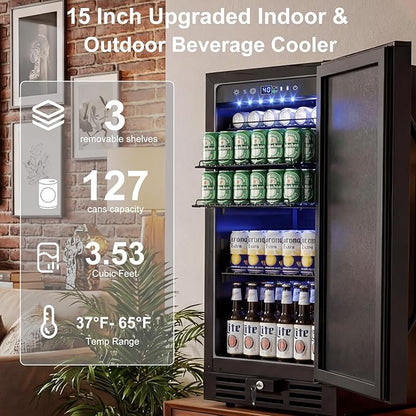 15 Inch Beverage Cooler, 127-Can Stainless Steel Drink Refrigerator with Reversible Door, Built-in or Freestanding Mini Fridge with Blue LED Light, Lock and Key for Indoor Outdoor Use, Black