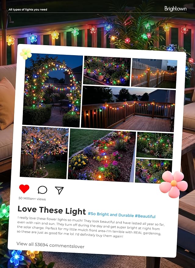 Brightown 2Pack Flower Solar String Lights, 60 LED Outdoor Waterproof Fairy Lights for Garden Yard Fence Patio Christmas Tree Wedding Party Decor, Multicolor
