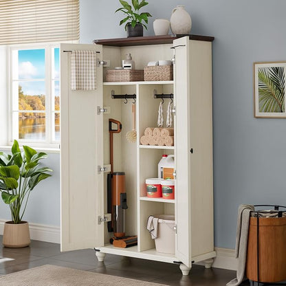 DWVO 67"' 4-Tier Farmhouse Kitchen Pantry Cabinet with Shutter Doors, White | Storage Cabinet with Adjustable Shelves, Hooks & Hanging Rods, Sturdy Cupboard for Kitchen, Dining Room, Living Room