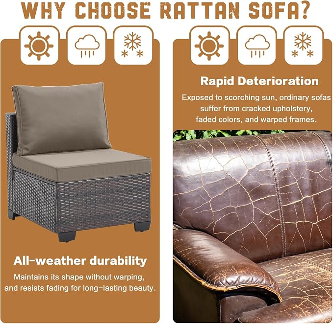 MOCHITO 7 Pieces Outdoor Patio Furniture Sets, All-Weather Sectional Sofa Dark Brown PE Rattan Wicker Conversation Set with Glass Table and Washable Khaki Cushions for Backyard,Sunroom,Garden