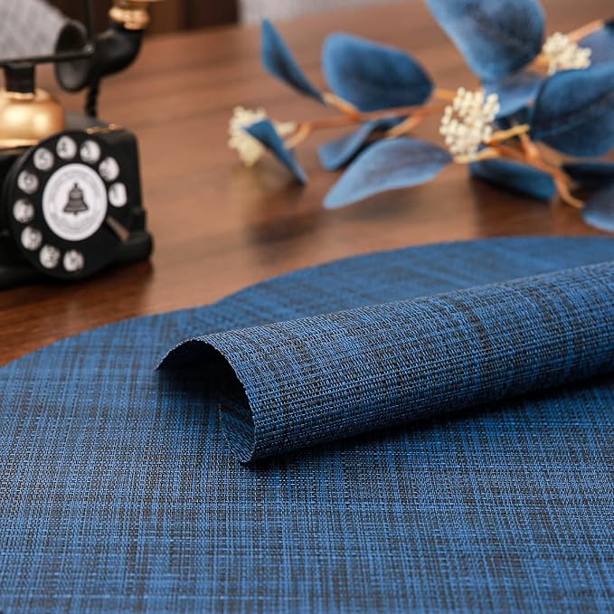 Round Placemats Set of 4 Heat Resistant Vinyl Placemats 15 inch Washable Non-Slip Table Mats Woven Place Mats for Dining Table (Dark Blue, Set of 4)