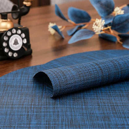 15 Inch Round Placemats Set of 6, Washable Vinyl Woven Place Mats | Heat Resistant Non-Slip Braided Table Mats for Dining Table Kitchen Indoor & Outdoor Use (Dark Blue, Set of 6)