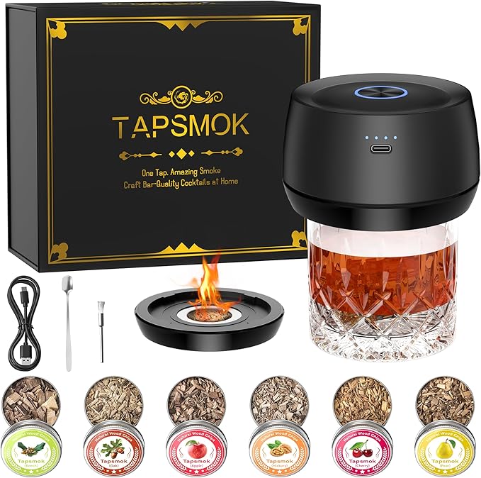 Electric Whiskey Smoker Kit for Old Fashioned & Bourbon: Fathers Day Gift for Men, Dad & Husband | Rechargeable Cocktail Smoker with Built-in Lighter (Butane-Free)| Birthday Gift Includes 6 Wood Chips