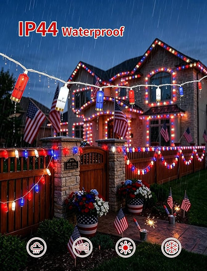 8.5Ft 4th of July String Lights, 10L LED Red White and Blue Shotgun Shell Lights Plug in for Home Classroom Porch Backyards Tree Patriotic Holiday Decorations, Indoor and Outdoor Use