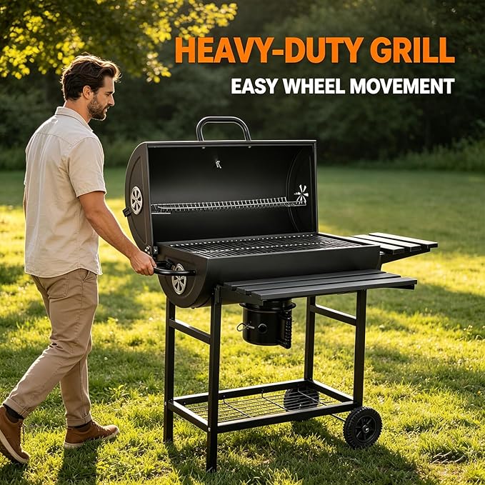 Charcoal Grill: Charcoal Barrel Grill - Large Portable Outdoor Grill with Double Wheel Design, Suitable for Outdoor, Backyard, and Camping Use (Larger)