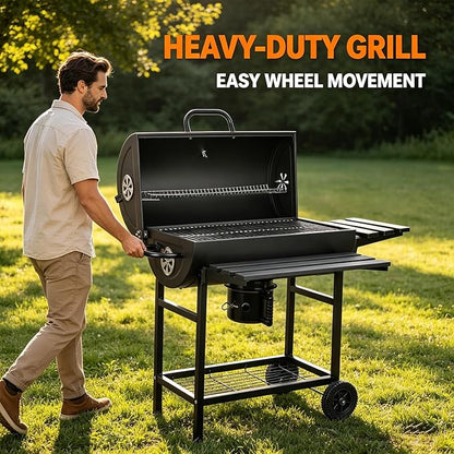 Charcoal Grill: Charcoal Barrel Grill - Large Portable Outdoor Grill with Double Wheel Design, Suitable for Outdoor, Backyard, and Camping Use (Larger)