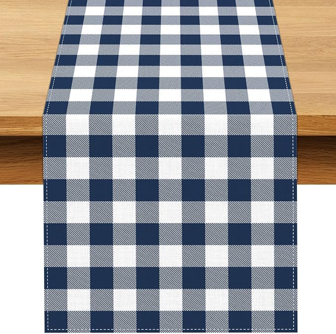 Navy Blue Gingham Table Runner Coastal Nautical Birthday Party Decoration BBQ Picnic Home Kitchen Table Decor (Navy Blue, 13" x 72")