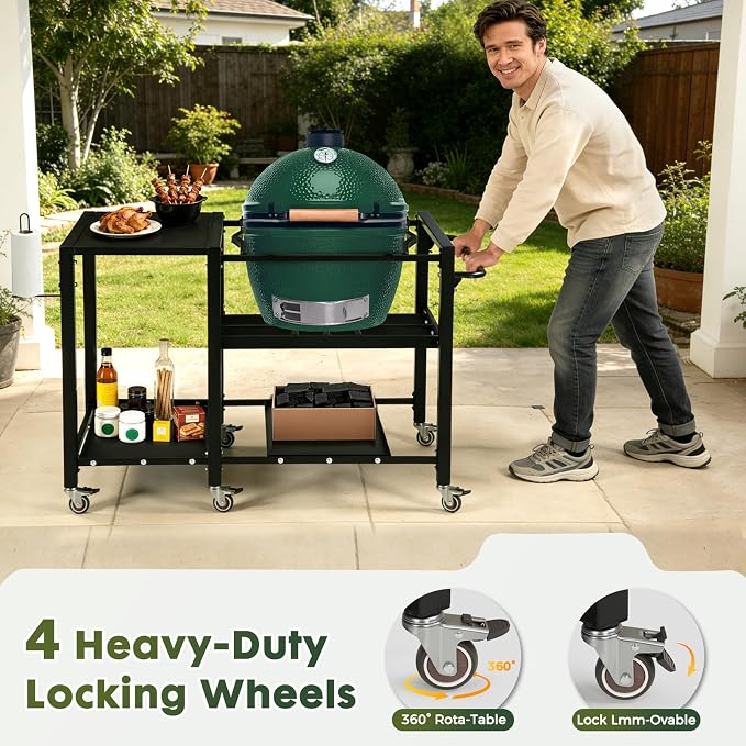 Outdoor Grill Table for Big Green Egg, BBQ Cart with Lockable Wheels | Suitable for Various Sizes of Green Egg Nest Grill Racks, Storage Rack & Bottle Opener, Prep Cooking Station for Party, Black