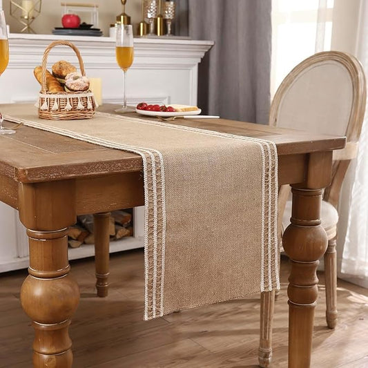 Burlap Table Runners 120 inch Natural Jute Table Runner Braided Table Runner Khaki Farmhouse Table Runner with Beige Lacework for Spring Summer Parties Everyday Holidays Dining Table