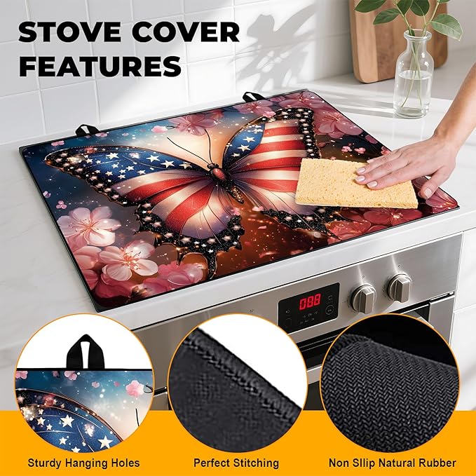 Patriotic Stove Top Cover, Heat Resistant Electric Stove Protector Mat, Large Diatomite Kitchen Counter Mat, Independence Day Decor American Flag Kitchen Accessory (butterfly, 28x20 Inch)