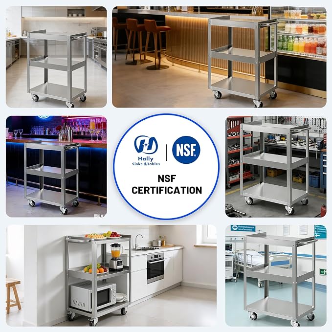 Hally Stainless Steel Utility Cart 3 Tier NSF Rolling Carts 31" Lx19 Wx34 H | Commercial Heavy Duty Metal Mobile Food Cart, with Handle and Wheels, for Kitchen, Restaurant, Hospital, Laboratory and Home