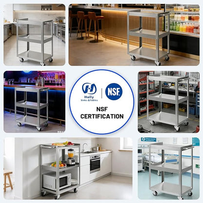 Hally Stainless Steel Utility Cart 3 Tier NSF Rolling Carts 24" Lx16 Wx34 H | Commercial Heavy Duty Metal Mobile Food Cart, with Handle and Wheels, for Kitchen, Restaurant, Hospital, Laboratory and Home