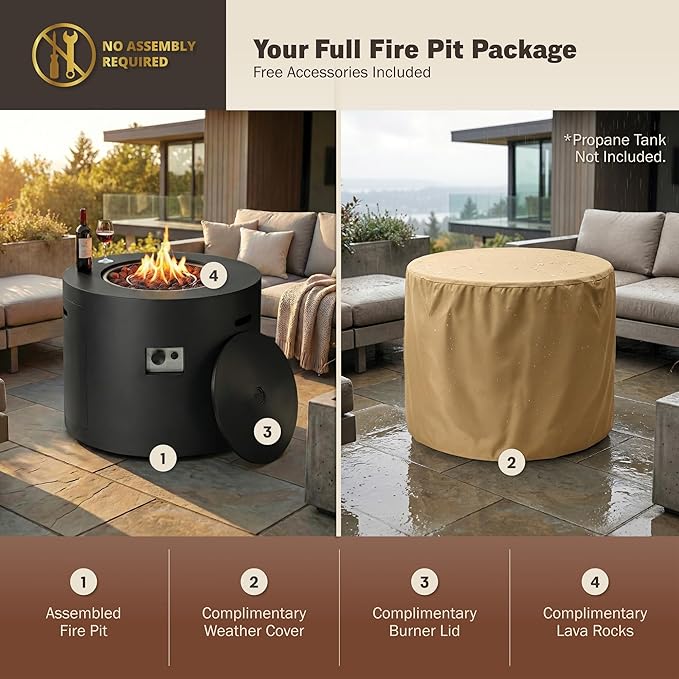 Kinger Home Loren 32-Inch Round Propane Fire Pit Table, Alloy Steel Outdoor Fire Pit with 50,000 BTUs, Includes a Burner lid, Lava Rocks and Weather Cover