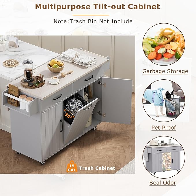 51.06" Mobile Kitchen Drop Leaf and Multipurpose Tilt-out Trash Can,Storage Cabinet w/Spice, Towel Rack & Drawer & Adjustable Shelf,Rolling Islands on Wheels,Grey, 50.25"