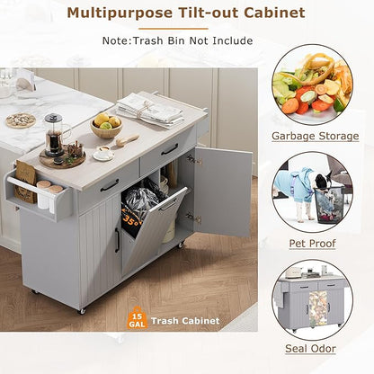 51.06" Mobile Kitchen Drop Leaf and Multipurpose Tilt-out Trash Can,Storage Cabinet w/Spice, Towel Rack & Drawer & Adjustable Shelf,Rolling Islands on Wheels,Grey, 50.25"