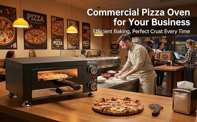 Electric Pizza Oven Indoor,12 inch Countertop Pizza Maker with Viewing Window,Stainless Steel Commercial Pizza Oven, Removable Handle,Dual Baking Trays and Oven Mitts