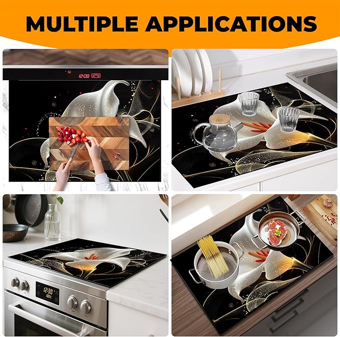 Heat-Resistant Glass Stove Top Cover with Anti-Slip Rubber Coating – Electric Stove Protector, Scratch-Resistant, Counter Space Decor Mat (Calla Lily, 28.5"L x 20.5"W)