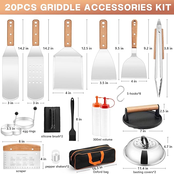 Griddle Accessories Kit, HaSteeL 20Pcs Flat Top Grill Accessories for Camping, Professional Griddle Spatula Grill Tools Set with Melting Dome for Teppanyaki BBQ Outdoor, Perfect Grilling Gifts