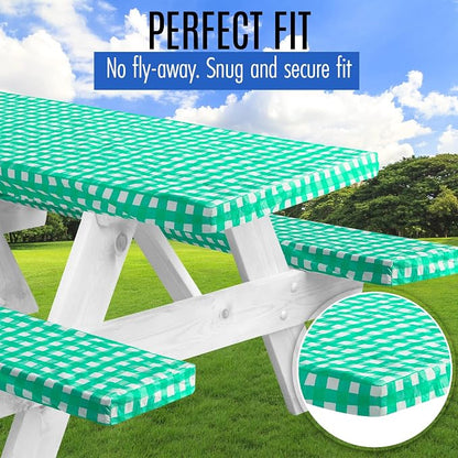 Premium Picnic Table Cover with Bench Covers Vinyl Fitted picnic table covers with Elastic RV Camping Accessories and Camper must haves Waterproof (Green Gingham, 96 x 30(8ft))