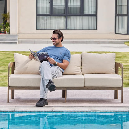 Aluminum Outdoor Patio Sofa, 3-Seat All-Weather Metal Modern Couch with Washable Thick Cushion for Garden/Backyard/Porch, Beige | All-Weather Metal