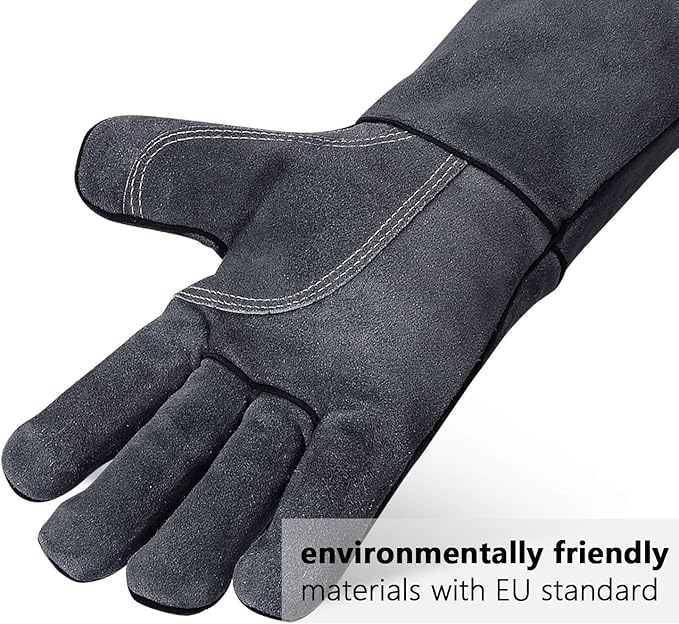 OZERO 14 Inch Heat Resistant Welding Gloves, 20% Thicker Split Cowhide EN407 Certified Fire Gloves 932℉ for Grill Oven Fireplace-Gray