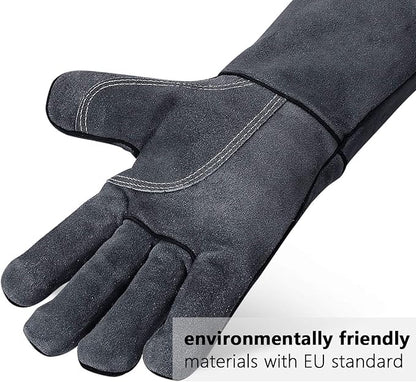 OZERO 14 Inch Heat Resistant Welding Gloves, 20% Thicker Split Cowhide EN407 Certified Fire Gloves 932℉ for Grill Oven Fireplace-Gray