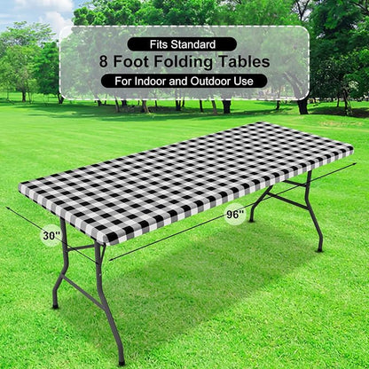 Buffalo Rectangle Picnic Tablecloth, 8 Foot Elastic Fitted Vinyl Table Cloth with Flannel Backing, Waterproof Plaid Table Covers for Dining, Camping, Outdoor (Black and White, 30" x 96")