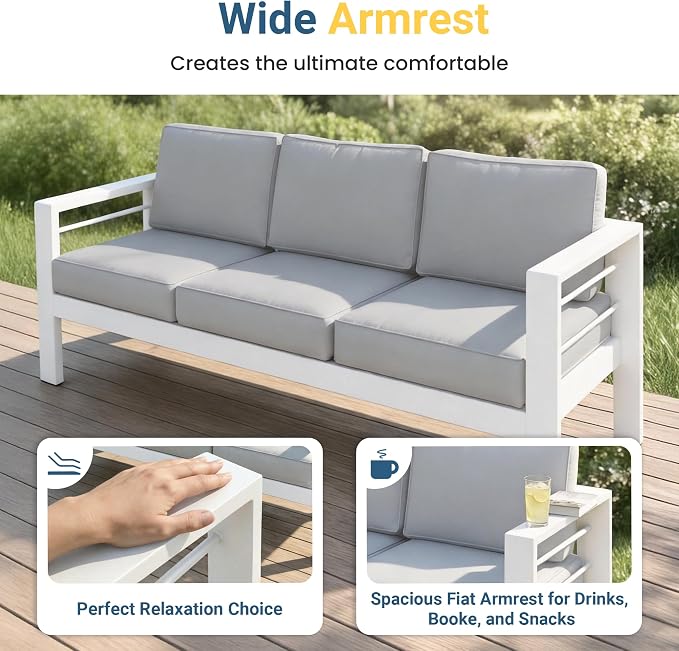 Wisteria Lane Aluminum Outdoor Sofa, Loveseat Sofa Patio Couch All-Weather Rust-Proof Modern Metal Patio Furniture with 5" Thick Olefin Cushions, Light Grey
