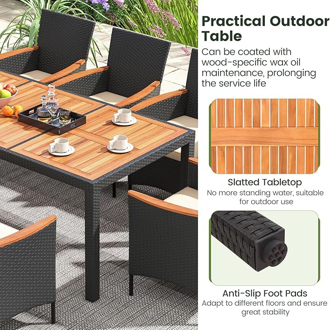 COSTWAY 9-Piece Patio Dining Set for 8, Outdoor Rattan Wicker Table and Chairs Furniture Set with Umbrella Hole, Acacia Wood Tabletop for Backyard, Balcony, Poolside, Black & Beige