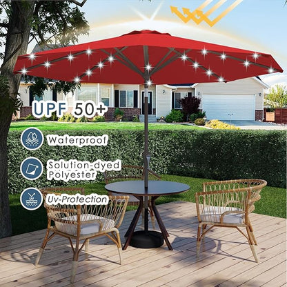9FT Patio Umbrella with Solar Lights,Outdoor Market Umbrella with Tilt and Crank, LED Lighted Table Umbrella for Garden,Deck,Backyard,Pool,Beach (Red)