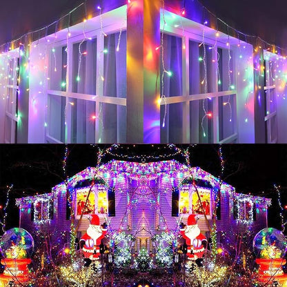 Joomer 33FT Christmas Icicle Lights Outdoor Connectable Multicolor | 50 Drops 8 Modes Timer Waterproof Plug-in String Light for Christmas Party, Holiday Eaves Roof Yard Xmas Decorations