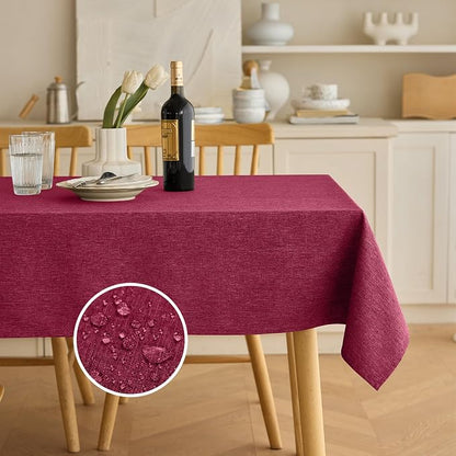 Decorelia Christmas Red Waterproof Faux Linen Rectangle Tablecloth, Spillproof Outdoor Reusable Table Cloth for Patio,Holiday,Banquet,Party,Buffet Dinner (Oblong,60 x 120 Inch (10-12 Seats),Burgundy)