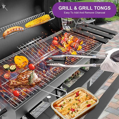 Charcoal BBQ Grill with Thermometer & Foldable Side Table, 565 sq in Cooking Space Large Charcoal Grills, Barrel Charcoal Grills for Backyards Picnic Cookouts