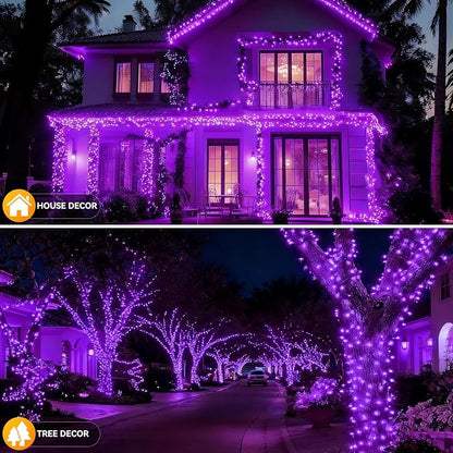 Solar String Lights Outdoor Waterproof 2 Pack Total 66ft 200LED Purple | 8 Modes Twinkle Lights Solar Fairy Lights for Patio, Garden Yard Party Wedding Tree Christmas Halloween Decoration