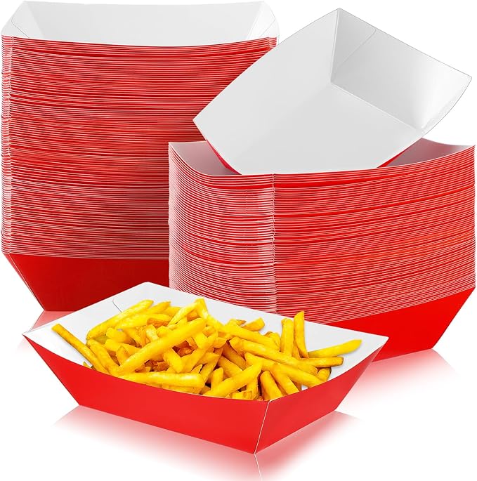 100 Pcs 2lb Paper Food Trays Boat Nacho Boats for Hot Dogs, Red | Grease-Resistant, Disposable Kraft Paper Boat for Tacos Concession, Food Trucks, Birthday, Wedding, Christmas, Halloween