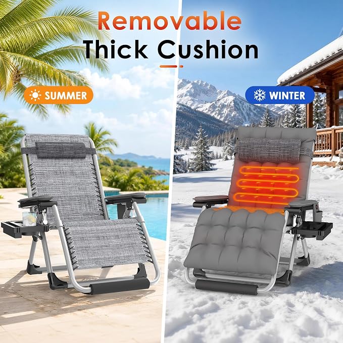 Slendor Heated Oversized Zero Gravity Chairs 33In, XXL Lounge Chair, Gray | Anti Gravity Recliner with 3 Heat Levels for Back & Seat, Headrest & Cup Holder, Folding, Supports 500lbs, (Battery Not)