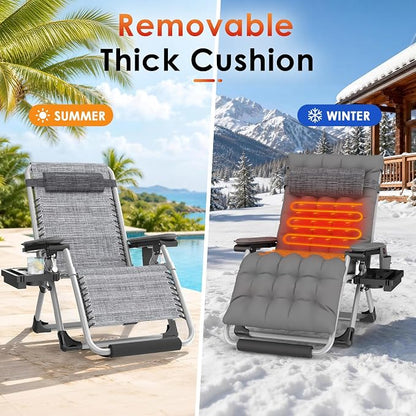 Slendor Heated Oversized Zero Gravity Chairs 33In, XXL Lounge Chair, Gray | Anti Gravity Recliner with 3 Heat Levels for Back & Seat, Headrest & Cup Holder, Folding, Supports 500lbs, (Battery Not)