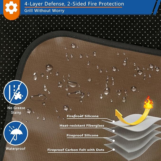Under Grill Mat for Outdoor Grill, Anze 4-Layer Fireproof Deck Protector Double-Sided Fire-Resistant Patio Floor Matt Oilproof Waterproof BBQ Fireplace Pad 24 x 42 inch, Brown