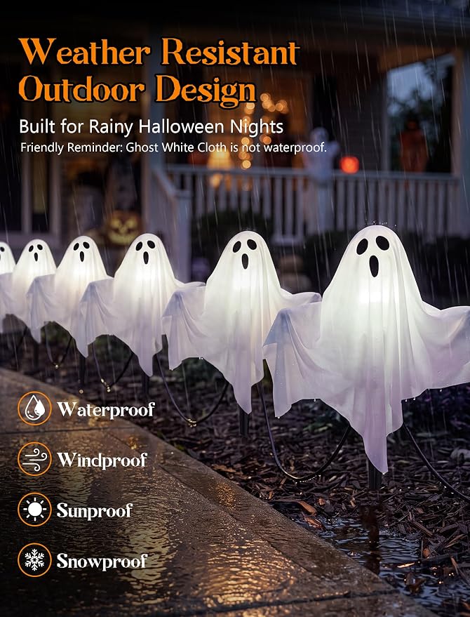11.5FT Halloween Ghost Pathway Lights Outdoor, 4 Pack LED Lawn Stake Lights | Waterproof, Plug in and Hanging Outdoor Halloween Decorations Ghost String Lights for Garden Walkway Driveways Garden Yard