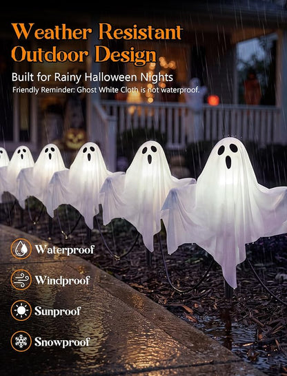 11.5FT Halloween Ghost Pathway Lights Outdoor, 4 Pack LED Lawn Stake Lights | Waterproof, Plug in and Hanging Outdoor Halloween Decorations Ghost String Lights for Garden Walkway Driveways Garden Yard