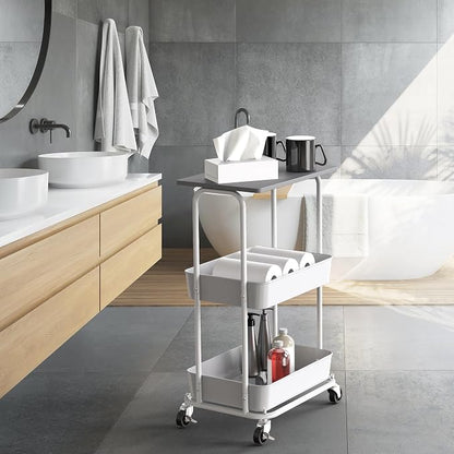Simple Houseware 2-Tier Rolling Utility Cart Wood Top/Lockable Wheel, Gray | Metal Storage Organizer Trolley for Kitchen, Bathroom, Office, Craft Room