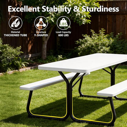 Picnic Table, 6 FT Outdoor Picnic Table with Benches for 8 People, Heavy Duty Picnic Bench Set with Steel Frame, 600LBS Capacity, Patio Dining Table Set for Backyard, Park, Garden, School