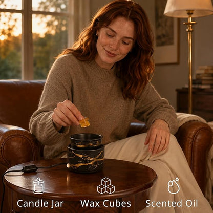 PALANCHY Electric Wax Warmer for Scented Wax Melts 3-in-1 Oil Warmers | Durable Ceramic Oil Burner Candle For Nightstand & Desk. Black And Gold Wax Melt Warmer Oil Burner For Scented Oil Gift Boxed