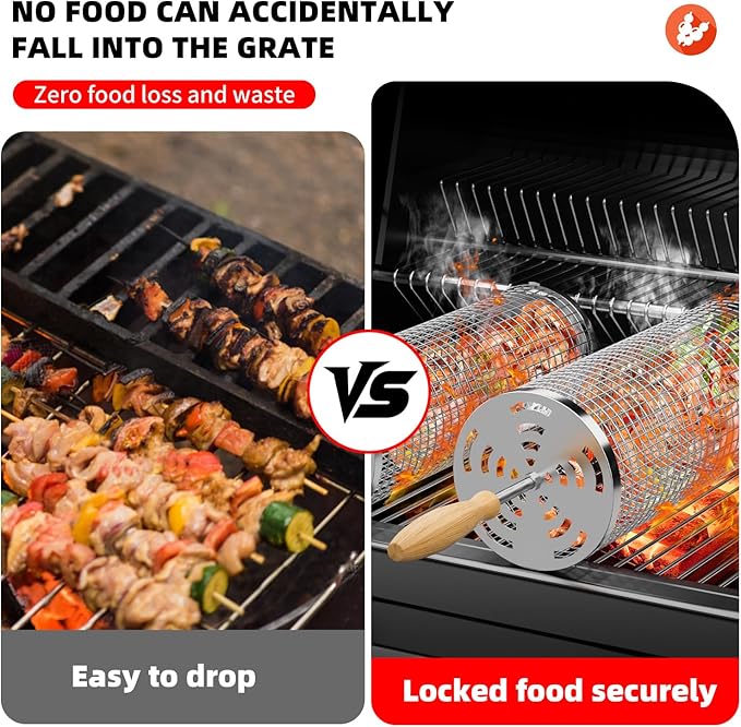 Rolling Grill Basket 2-Pack, Removable Wooden Handle, 304 Stainless Steel, BBQ Grill Accessories for Vegetables, Birthday Father Days for Dad, Husband, Men – Outdoor Kitchen Camping Grilling