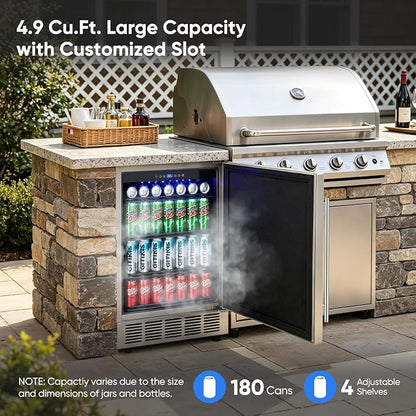 24 Inch Outdoor Beverage Refrigerator Built-in Patio Fridge | Under Counter drink Cooler with Stainless Steel Door, Digital Control, Quiet Cooling System for Backyard, Outdoor Kitchen