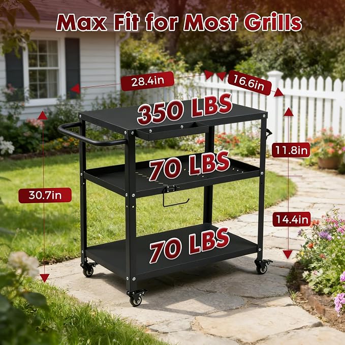 Grill Cart Table Indoor & Outdoor with 4 Lockable Casters, Hooks & Side Handle, Multifunctional Pizza Oven Stand for Patio Kitchen